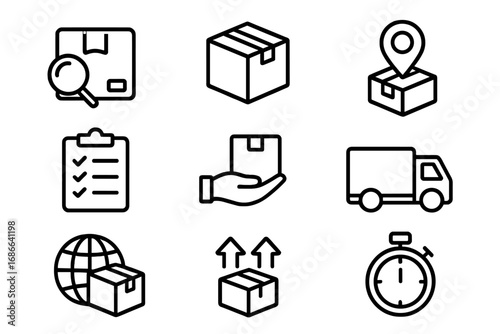 Shipping and delivery outline icon set, package tracking, logistics line icons collection, vector cartoon illustration with transparent background, ordered set 3, transport and delivery symbols