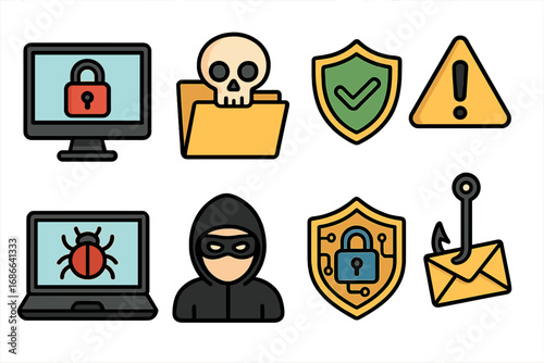 Cybersecurity icon set. Vector illustration of digital threats and protection. Hacker, virus, phishing, ransomware, malware, data security, warning sign and shield icons.