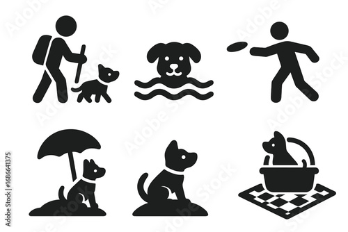 Pet Activity Icons Solid Filled Vector Set, Dog Hiking with Owner, Swimming Pet, Frisbee Throwing, Dog Relaxing Under Umbrella, Picnic, Outdoor Fun Cartoon Illustration