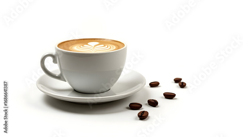 Coffee Cup with Latte Art and Coffee Beans on White Background