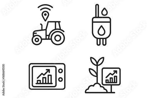Precision Farming Icons Set, Outline Vector of Advanced Agriculture Technology, GPS Tractor, Soil Moisture Sensor, Crop Yield Monitor, Smart Farming, Agricultural Innovation