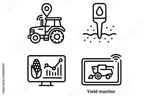 Precision Farming Icons Outline Set of Smart Agriculture Technology GPS Tractor Soil Moisture Sensor Yield Monitor Vector Illustration Modern Farming Tools