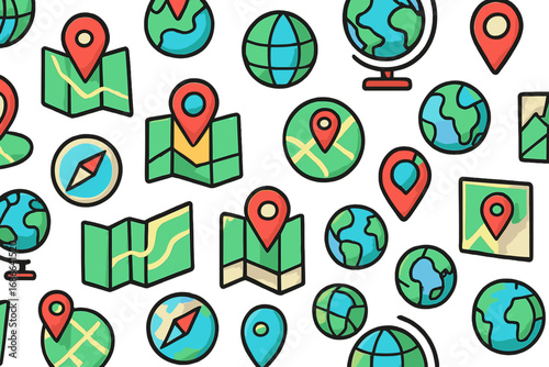 Seamless pattern of navigation icons. Vector cartoon illustration with maps, globes, compasses, and location pins. Geography and travel concept for global positioning.