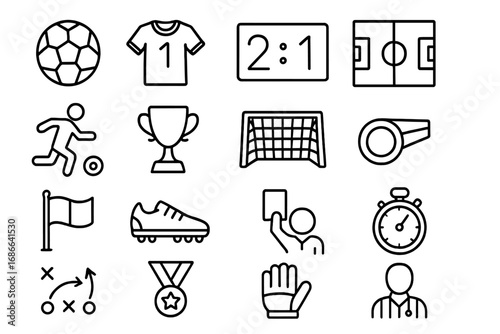 Soccer Line Icon Set, Football Sports Symbols in Outline Style, Vector Cartoon Illustration with Transparent Background, Complete Ordered Set of 16 Icons, Ball, Jersey, Trophy, Whistle