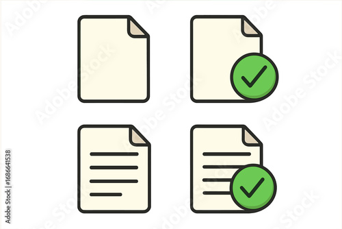 Document vector icons set. File with check mark. Approved, verified, confirmed page symbol. Concept of task completed, agreement, validation. Vector cartoon illustration.