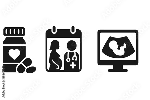Pregnancy Healthcare Icons Set, Solid Filled Vector Illustration of Prenatal Vitamins, Doctor Appointment with Pregnant Woman, Ultrasound Scan, Maternity and Prenatal Care Symbols
