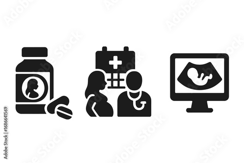 Pregnancy healthcare icons solid filled vector set of prenatal vitamins, expecting mother doctor appointment, medical consultation, ultrasound baby scan illustration