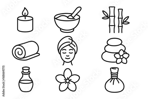 Spa essentials outline icon set, relaxation wellness massage icons, daily calm therapy symbols, vector cartoon illustration with transparent background, ordered wellness elements