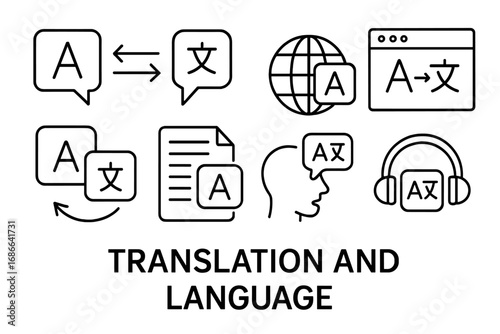 Translation and language line icon set. Multilingual communication, dictionary, vocabulary. Foreign language learning, interpreter service, global communication vector symbols.