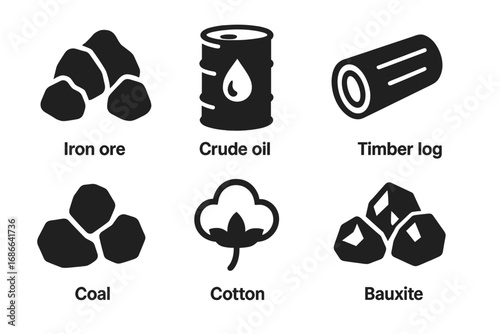 Solid Black Vector Icons of Raw Materials Including Iron Ore, Crude Oil Barrel, Timber Log, Coal, Cotton Boll, Bauxite Rocks, and Sand – Industrial and Natural Resource Illustration Set