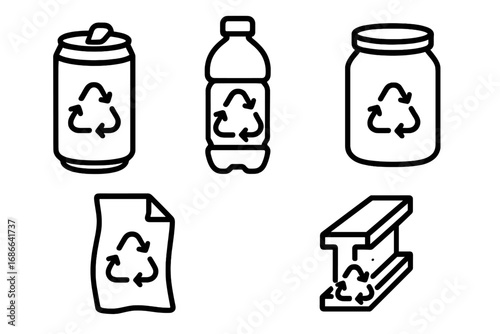 Recycled materials icons set, outline style vector illustration including aluminum can, plastic bottle, glass jar, paper scrap, steel beam for eco-friendly and sustainability concepts