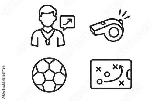 Sports and coaching outline icon set with training, whistle, soccer ball, and strategic play symbols, linear vector cartoon illustration with transparent background, ordered set