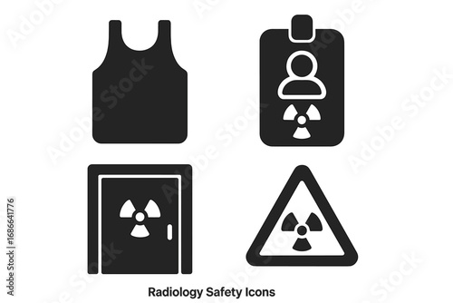 Radiology Safety Icons Vector Set with Lead Apron, Radiation Badge, Shielded Room Door, and Warning Sign, Solid Filled Medical Radiation Protection Symbols, Cartoon Illustration