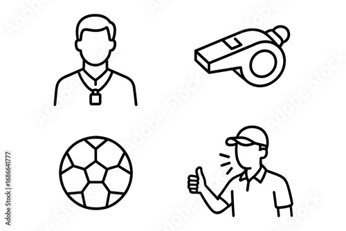 Sports and coaching outline icon set, whistle and soccer ball, training and coaching linear symbols, vector cartoon illustration with transparent background, ordered icons collection