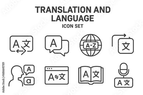 Translation and language line icon set. Multilingual communication, global dictionary, language learning symbols. Online translator, interpreter, and speech recognition icons.
