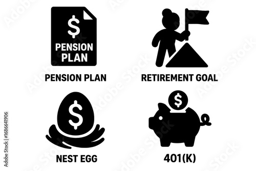 Retirement Savings Icons Solid Filled Vector Set with Pension Plan, Retirement Goal, Nest Egg & 401(k) Symbols, Financial Security, Investment & Planning Concepts