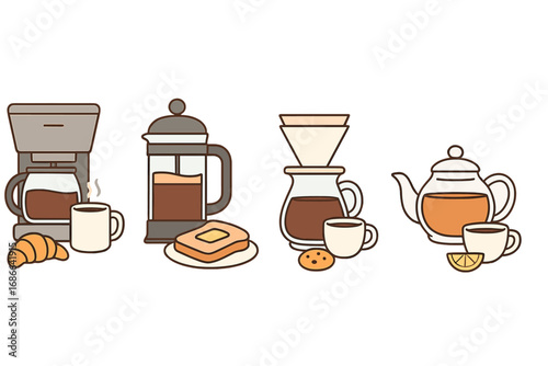 Set of coffee and tea brewing methods icons. Drip machine, french press, pour over, and teapot. Breakfast food illustration with croissant, toast, cookie. Vector line art.