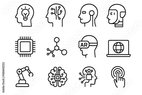 Technology and AI Linear Icon Set, Innovation Concepts, Augmented Reality, Robotics, Circuit Brain, Virtual Reality Headset, Digital Connection, Touch Interface, Vector Outline Collection