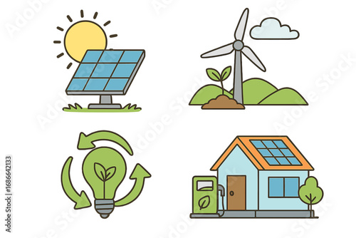 Set of renewable energy icons. Solar panel, wind turbine, and eco house. Sustainable power sources concept. Green energy, ecology, and environmental conservation vector illustration.