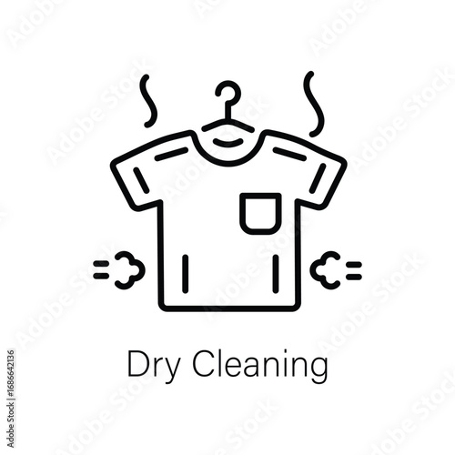 A line drawing depicts a Tshirt on a hanger Steamlike lines rise from the shirt Below the shirt is Dry Cleaning. Editable stroke. Icon vector illustration