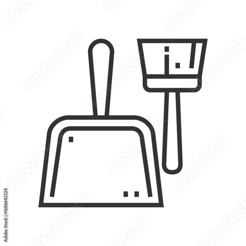 A line drawing of a dustpan and brush. Editable stroke. Icon vector illustration