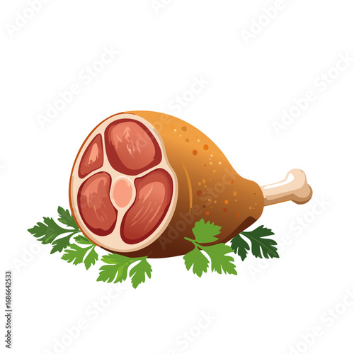 Pork knuckle vector color illustration. Meat on bone image for recipes and menu