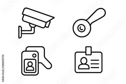 Security Icon Set, Outline Vector Collection of Surveillance Camera, Security Tag Remover, Badge Scanner, and Identification Badge Illustration for Loss Prevention Concepts