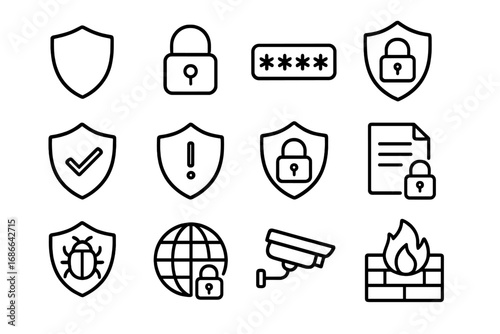 Security and Data Protection Icon Set, Safety and Encryption Line Art, Cybersecurity Outline Symbols, Privacy and Access Control Vector Cartoon Illustration, Transparent Background