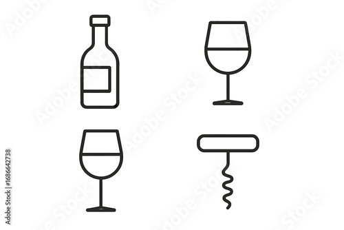Wine icon set. Line art vector of bottle, glass, corkscrew. Outline pictogram for bar menu, restaurant, winery. Alcohol beverage, drink tasting and celebration concept symbols.