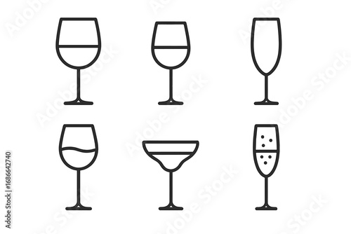 Wine and champagne glasses line icon set. Stylish elegant glassware collection. Stemware for red wine, white wine, cocktail, and sparkling wine. Vector outline illustration.