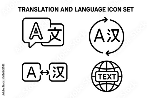 Translation and Language Icon Set, Multilingual Communication Line Art, Vector Outline Collection with Speech Bubbles, Arrows, Globe, Text Symbols, Transparent Background