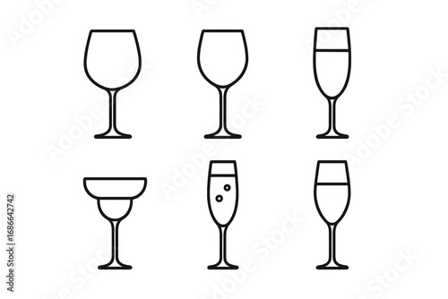 Wine and champagne glasses line icon set. Vector collection of elegant glassware for bar menu, party, celebration. Minimalist outline drink symbols on transparent background.