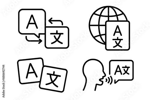 Translation and Language Line Icon Set, Multilingual Communication Outline Collection, Vector Cartoon Illustration with Transparent Background, Ordered Set of 4 Icons