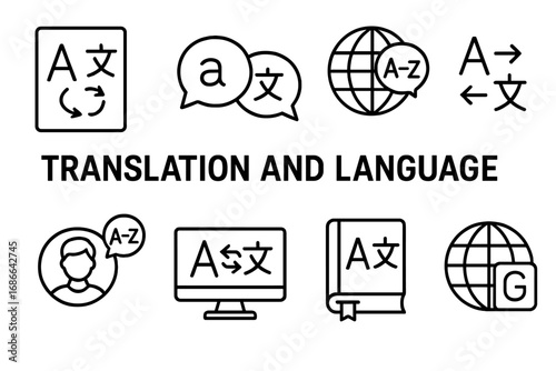 Translation and Language Icon Set, Multilingual Communication Outline Collection, Vector Cartoon Illustrations, Language Symbols, Speech Bubbles, Globe and Dictionary, Transparent Background