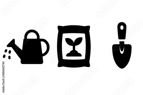 Seedling growth tools icons, solid filled vector set with watering can pouring water, fertilizer bag with sprout, garden trowel gardening equipment illustration