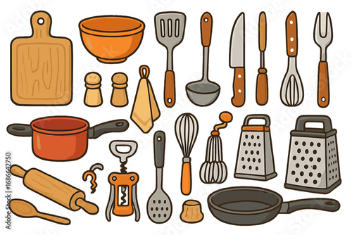 Set of kitchen utensils and cooking tools. Vector cartoon illustration for culinary preparation. Flat lay collection of kitchenware icons like pan, knife, grater, and whisk.