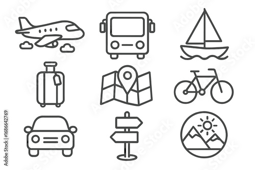 Transportation and Adventure Icon Set, Travel and Recreation Outline Style, Vector Cartoon Illustration with Transparent Background, Ordered Collection of Transport and Exploration Symbols