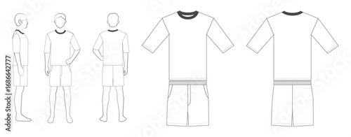 男性用Tシャツ＆スウェットパンツのテンプレート（前・後・横・平面図） Men's T-Shirt and Sweatpants Template – Front, Back, Side & Flat Views