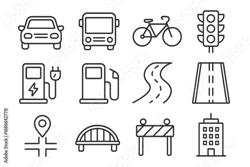 Transportation and Infrastructure Line Icon Set, Traffic and City Planning Vector Collection, Transparent Background Cartoon Illustrations, Roads, Vehicles, Urban Mobility Symbols