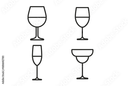 Wine and champagne glasses line icon set. Elegant glassware collection for bar menu or restaurant. Vector icons for alcohol drinks, party and celebration. Red wine, coupe, flute.