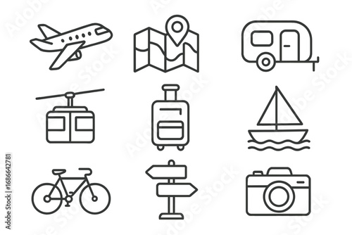 Transportation and Adventure Icon Set, Travel and Recreation Outline Icons, Vector Cartoon Illustration with Transparent Background, Ordered Set 2