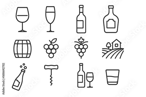 Wine and spirits line icon set. Alcohol and beverage concepts. Vector symbol collection with glass, bottle, vineyard, grapes, and barrel. Outline pictograms for bar menu design.