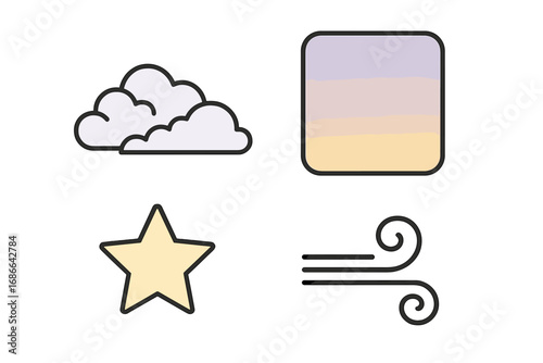 Serene sky icon set, outline vector of gentle clouds, pastel gradient evening sky, distant star, soft breeze, calm nature elements, tranquil weather symbols, vector cartoon illustration