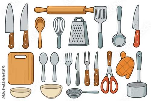 Vector cartoon set of kitchen utensils for cooking. Culinary tools collection with knife, spoon, fork, and rolling pin. Flat lay cooking equipment for food preparation.