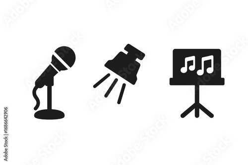 Singing performance icons set with microphone, spotlight, music stand, stage elements, solid black filled vector cartoon illustration for music and entertainment