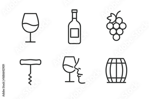 Wine tasting outline icon set. Minimalist beverage collection for winery, bar menu or sommelier. Vector line art illustration of grapes, bottle, glass, corkscrew and barrel.