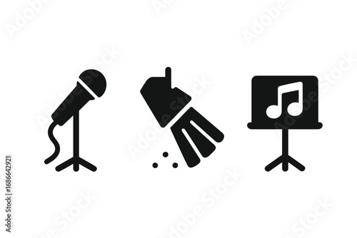 Singing performance icons solid filled vector set with stage microphone, spotlight, music stand, vocal performance illustrations, concert equipment symbols
