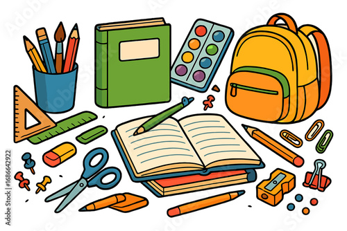 Various School Supplies and Educational Materials Set. Colorful Vector Cartoon Illustration of Books, Backpack, Pencils, Paints, Scissors, Erasers, Ruler, and Stationery for Learning and Creativity