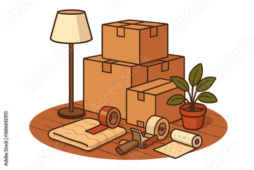 Moving day essentials vector cartoon illustration. Relocation concept with cardboard boxes, lamp, plant, and packing supplies. New home, fresh start, moving house.