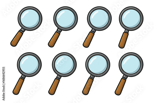 Magnifying glass icon set. Cartoon vector illustration. Search, research, investigation, and analysis concept. Exploration, discovery, zoom, and inspection symbol for business.